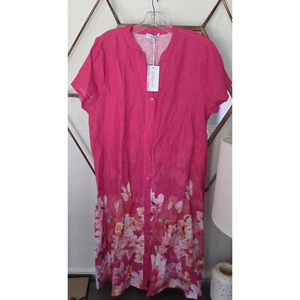 NWT Le Ragazze Pink Floral 100% Linen, Button Up Dress, size XL